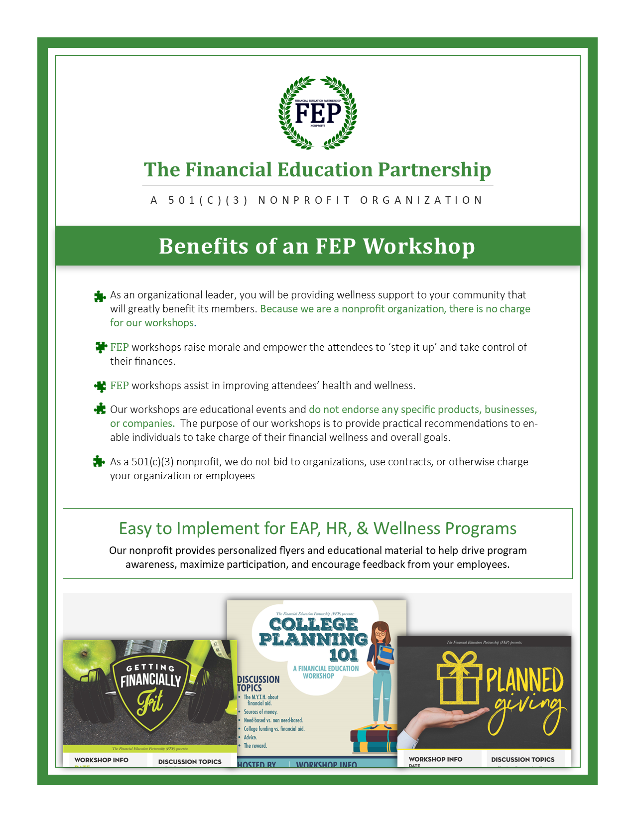 Benefits of an FEP 2020 Financial Education Partnership